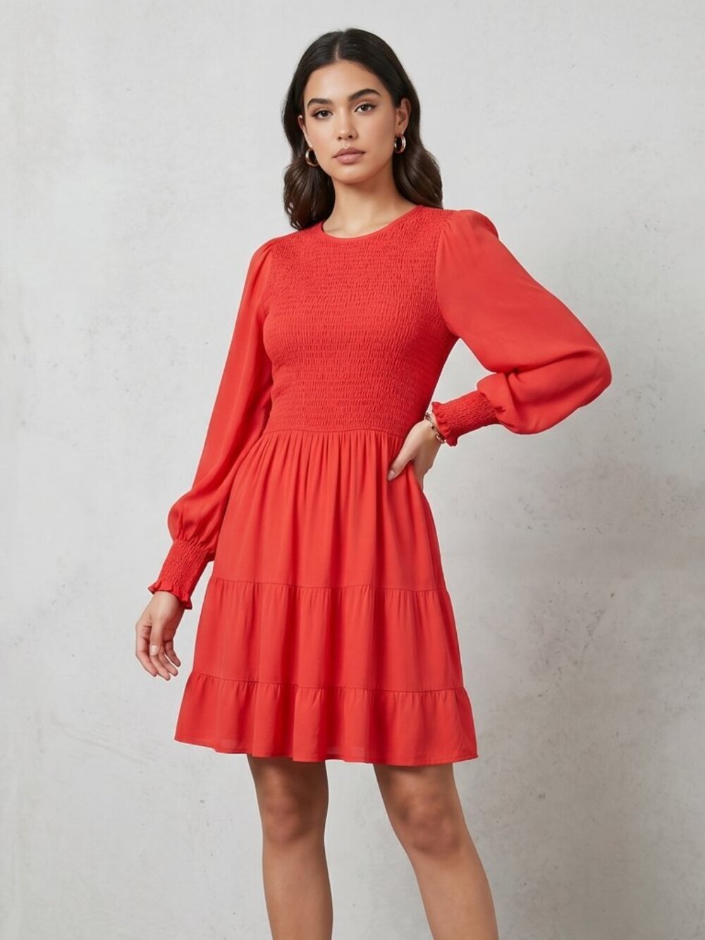 NWT | Red Smocked Bodice Tiered Mini Dress Puff Long Sleeve | Medium